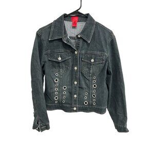 V Cristina Womens Silver Grommets Black Denim Jacket Sz Medium Trendy Layering
